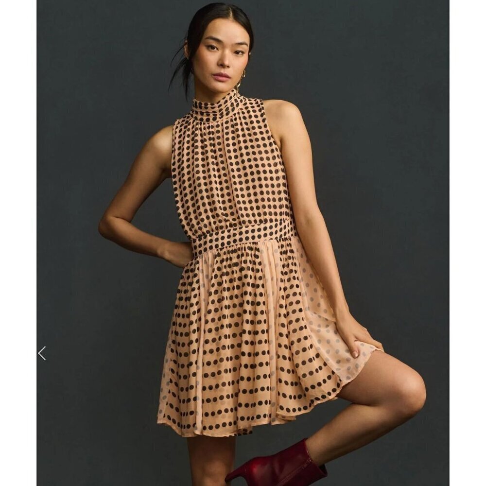 Maeve NWT Sleeveless Mock-Neck Back-Bow Swing Mini Dress Pink Black Large